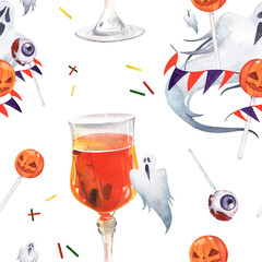 Spooky orange Halloween cocktail with ghosts and sweets watercolor illustration seamless pattern. Halloween themed drink menu ornament with lollipops. Wine glass with flags and candies