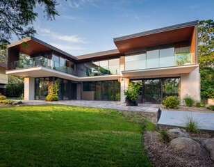 Spacious contemporary house surrounded by beautiful lush greenery