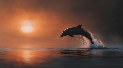 Naklejka premium A majestic dolphin gracefully leaps from the serene ocean waters against a vibrant orange sunrise sky creating stunning reflections