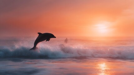 Fototapeta premium A powerful dolphin leaps gracefully from the vibrant ocean waves during a stunning orange and golden sunrise reflecting on the water