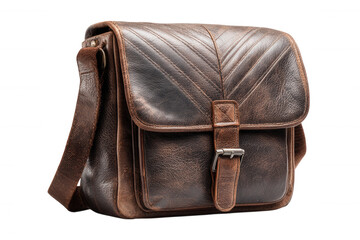 Naklejka premium Rustic distressed brown leather messenger bag with buckle closure isolated on transparent background