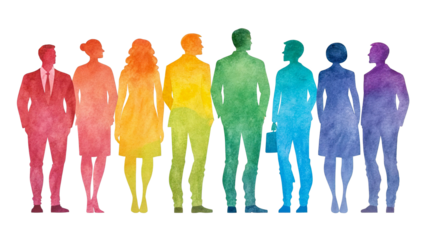 Watercolor silhouettes of inclusive business group in rainbow tones, symbol of unity and diversity, isolated transparent background.