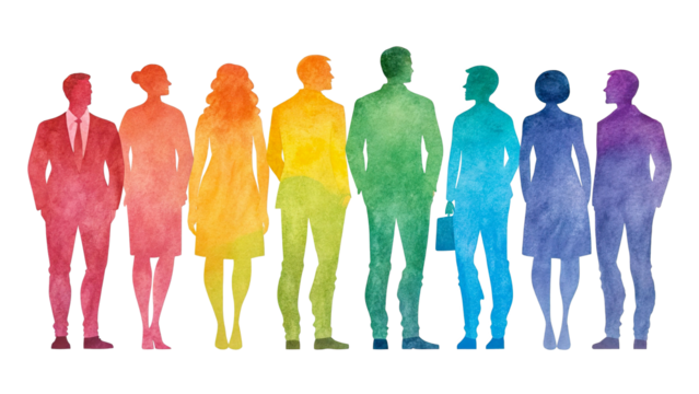 Watercolor silhouettes of inclusive business group in rainbow tones, symbol of unity and diversity, isolated transparent background. - Powered by Adobe