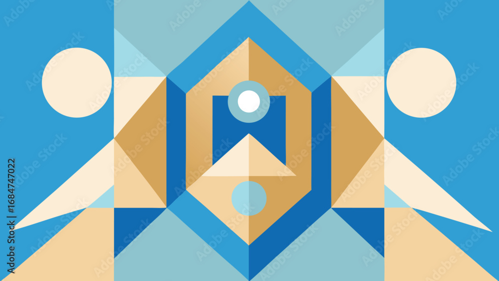Poster symmetrical geometric design with figures and circles in blue and beige tones abstract pattern