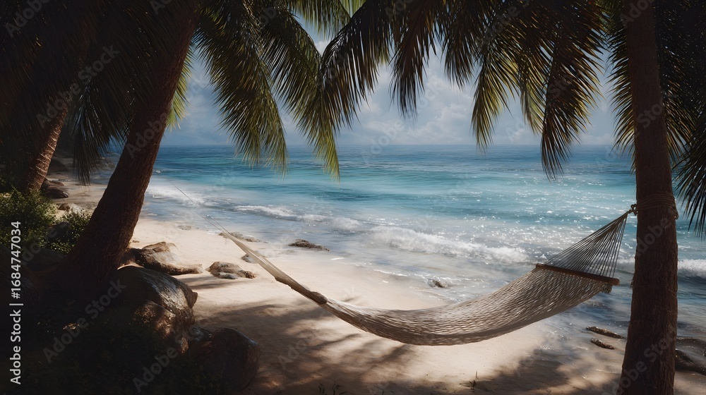 Poster a tranquil tropical beach scene with a woven hammock swaying gently between palm trees overlooking t