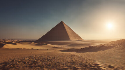 Great Pyramid of Giza at sunset in the Egyptian desert, showcasing ancient architecture and historic wonder
