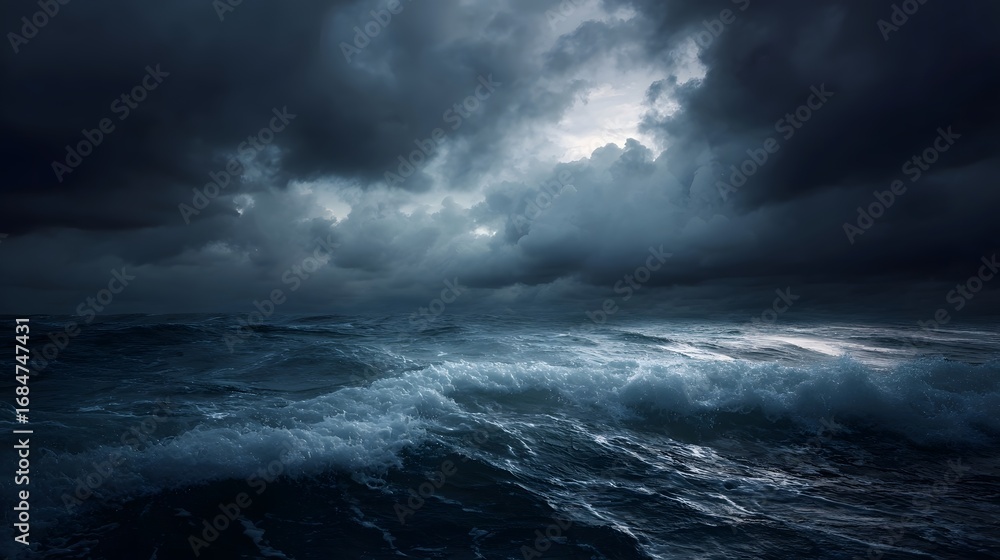 Poster a powerful storm brews over the open ocean with dramatic dark clouds and turbulent waves creating an
