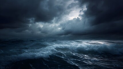 A powerful storm brews over the open ocean with dramatic dark clouds and turbulent waves creating an intense and foreboding seascape