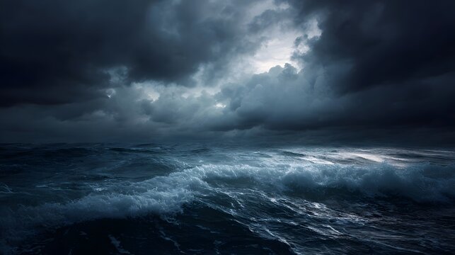 A powerful storm brews over the open ocean with dramatic dark clouds and turbulent waves creating an intense and foreboding seascape - Powered by Adobe