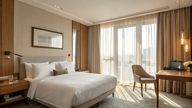 Luxurious hotel room with a comfortable king size bed and natural light streaming through sheer curtains
