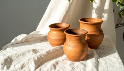 Terracotta Pottery Trio on Linen Fabric