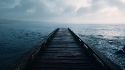 Fototapeta premium Weathered wooden pier extends into the tranquil vast ocean under an overcast sky evoking a sense of calm and solitude on the waterfront