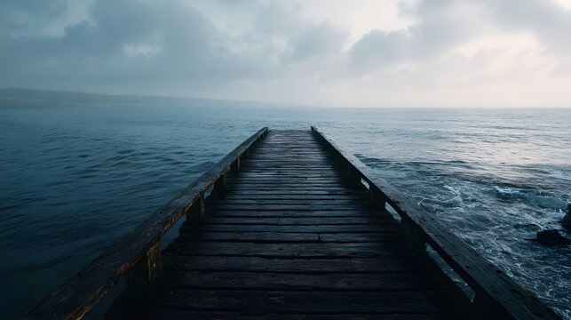 Weathered wooden pier extends into the tranquil vast ocean under an overcast sky evoking a sense of calm and solitude on the waterfront