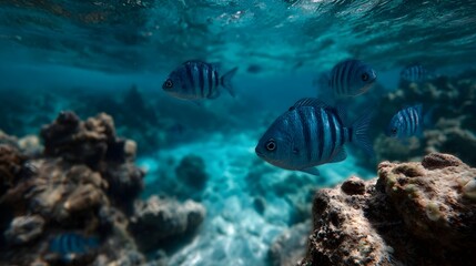 Obraz premium A school of striped tropical fish gracefully swims through clear turquoise waters over a vibrant coral reef bathed in serene underwater sunlight