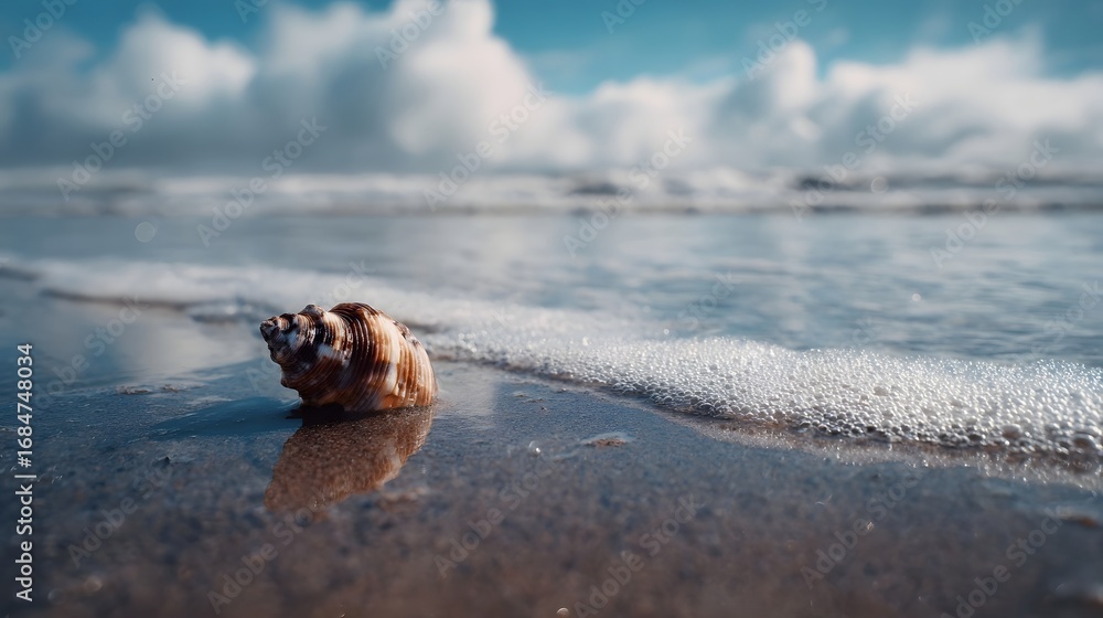 Poster a single seashell rests on wet beach sand as ocean waves gently recede under a vast blue sky with so