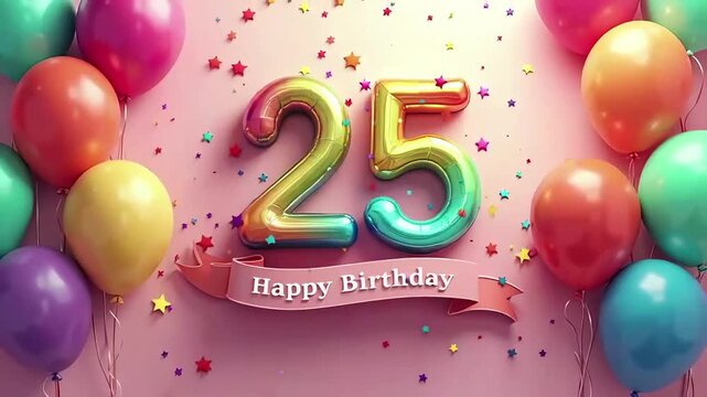 Colorful 25 balloon with pink HAPPY BIRTHDAY ribbon, vibrant confetti and balloons on soft pink festive backdrop  
