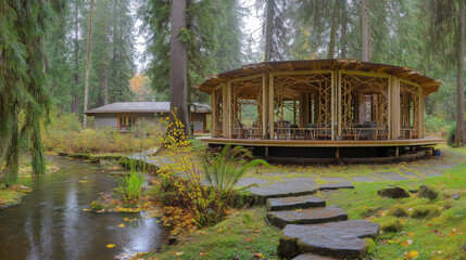Obraz premium Panoramic Remote Forest Wellness Retreat with Yoga Pavilion, Surrounded by Autumn Foliage, Immersive Wellness Commercial Photography