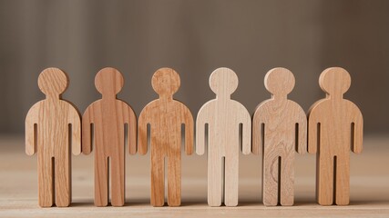 Wooden Figures Standing in a Row. Representation of Diversity, Teamwork and Society.