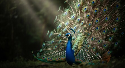 Obraz premium Majestic Peacock Displaying Vibrant Feathers in Dramatic Forest Lighting