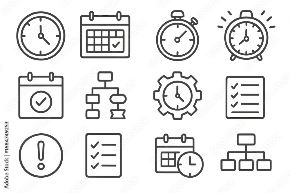 Poster icons representing time management tools for planning and organization in a digital workspace settin