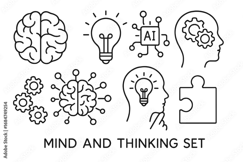 Poster illustration of concepts related to mind, cognitive processes, and technology integration in thinkin