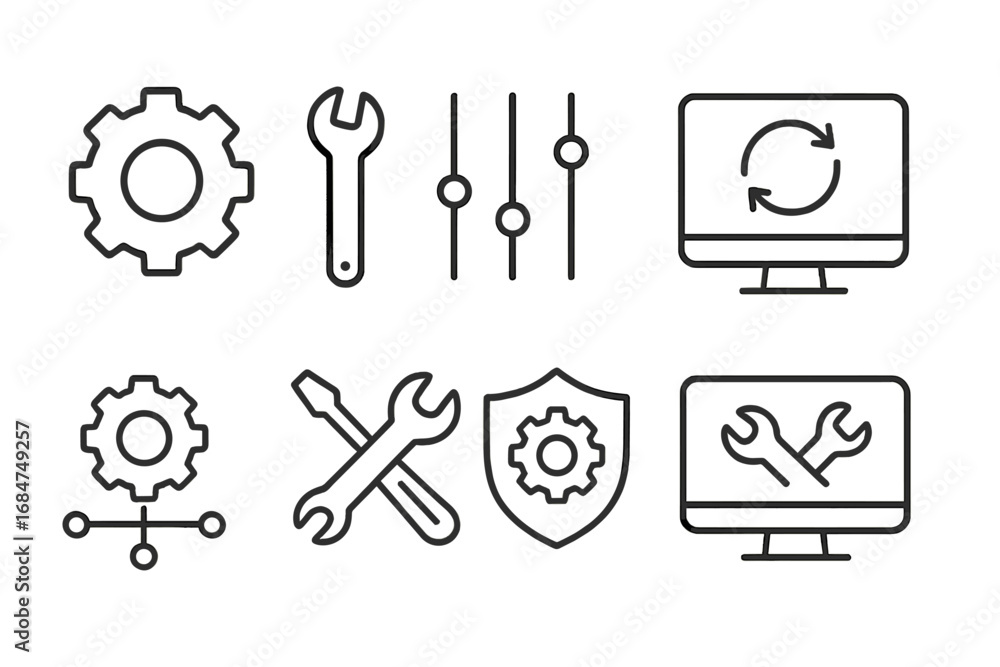 Poster various tools and icons for technology and repair displayed in a grid layout on a light background