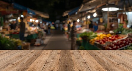 Wooden Tabletop Overlay with Blurred Night Market Scene in the Background.