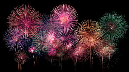 Colorful Fireworks Exploding in the Night Sky with Vibrant Bursts of Light and Celebration Atmosphere
