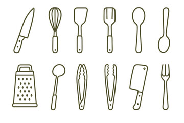 Collection of kitchen utensils arranged in a grid showing essential tools for cooking and baking activities