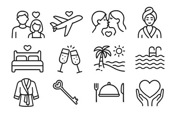 Romantic getaway icons depicting love and connection through travel, relaxation, and shared experiences