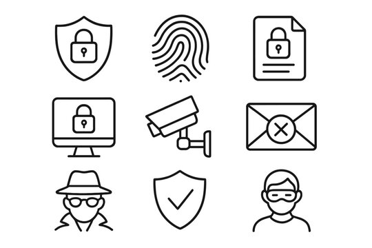 Security icons showcasing digital protection measures including locks, surveillance, fingerprints, and document safeguards for safety awareness