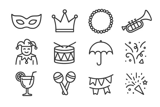 Colorful carnival symbols featuring masks, crowns, and musical instruments for festive celebrations