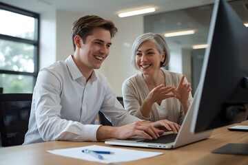 Young male manager helping mature female employee explaining software using laptop working together in office.