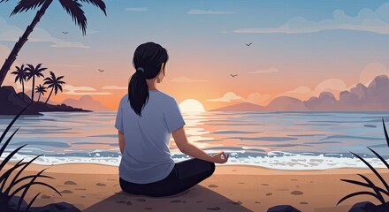Meditating Woman Silhouetted at Pastel Sunrise Beach Scene