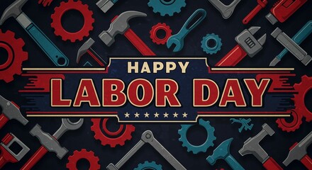 Celebrate Labor Day with this dynamic design featuring hammers, wrenches, and gears in a bold, patriotic color scheme perfect for all your holiday promotions and projects