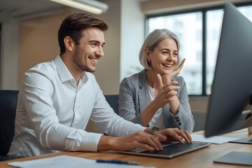 Young male manager helping mature female employee explaining software using laptop working together in office.