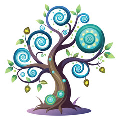 A whimsical tree with spiral branches and glowing leaves, a magical and unique design, symbolizing fantasy, creativity, and the unknown.