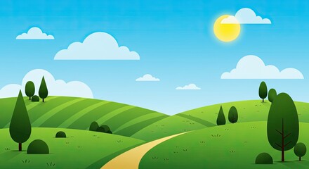 Obraz premium Cartoon Landscape with Green Hills, Blue Sky and Yellow Sun
