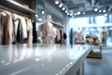 Glossy white tabletop surface with blurred clothing fashion shop and mannequins in the background.