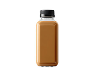 Clear plastic bottle, rectangular shape, filled with light brown liquid, black cap