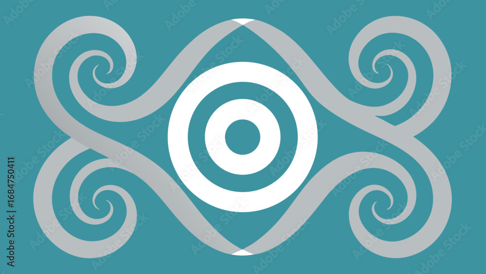 Poster teal background with white and silver swirls and target abstract pattern