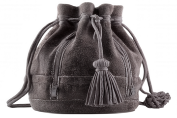 Stylish grey suede drawstring bucket bag with tassel detail isolated on transparent background