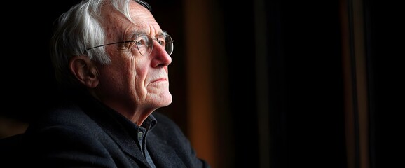 Obraz premium Elderly man gazes thoughtfully out of a window in a cozy room during a quiet afternoon