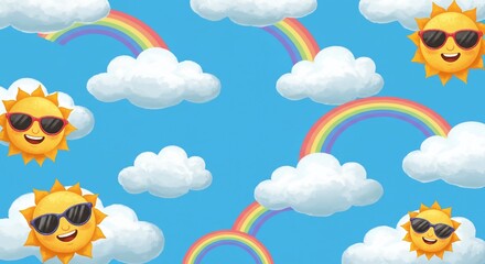 Joyful cartoon suns wearing sunglasses dance amongst fluffy clouds and vibrant rainbows against a clear blue sky, creating a cheerful and optimistic atmosphere perfect for children's themes.