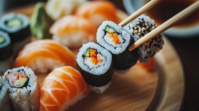 Genkan maki sushi set on wooden plate eating by chopsticks