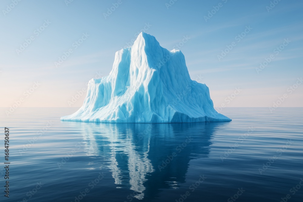 Poster majestic iceberg floating in calm ocean water under clear sky with soft light and serene atmosphere,