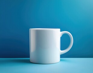 White ceramic mug on pastel blue background