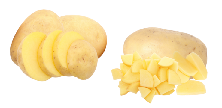whole, sliced, and diced golden potatoes
