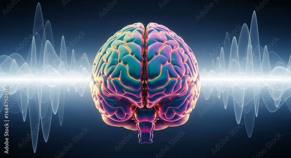 Poster iridescent brain image against abstract wave background, showcasing brain activity and cognitive fun