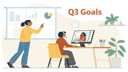 Professional women collaborate on Q3 goals in a modern office, one presenting while another participates in a video conference, embodying teamwork and strategy.